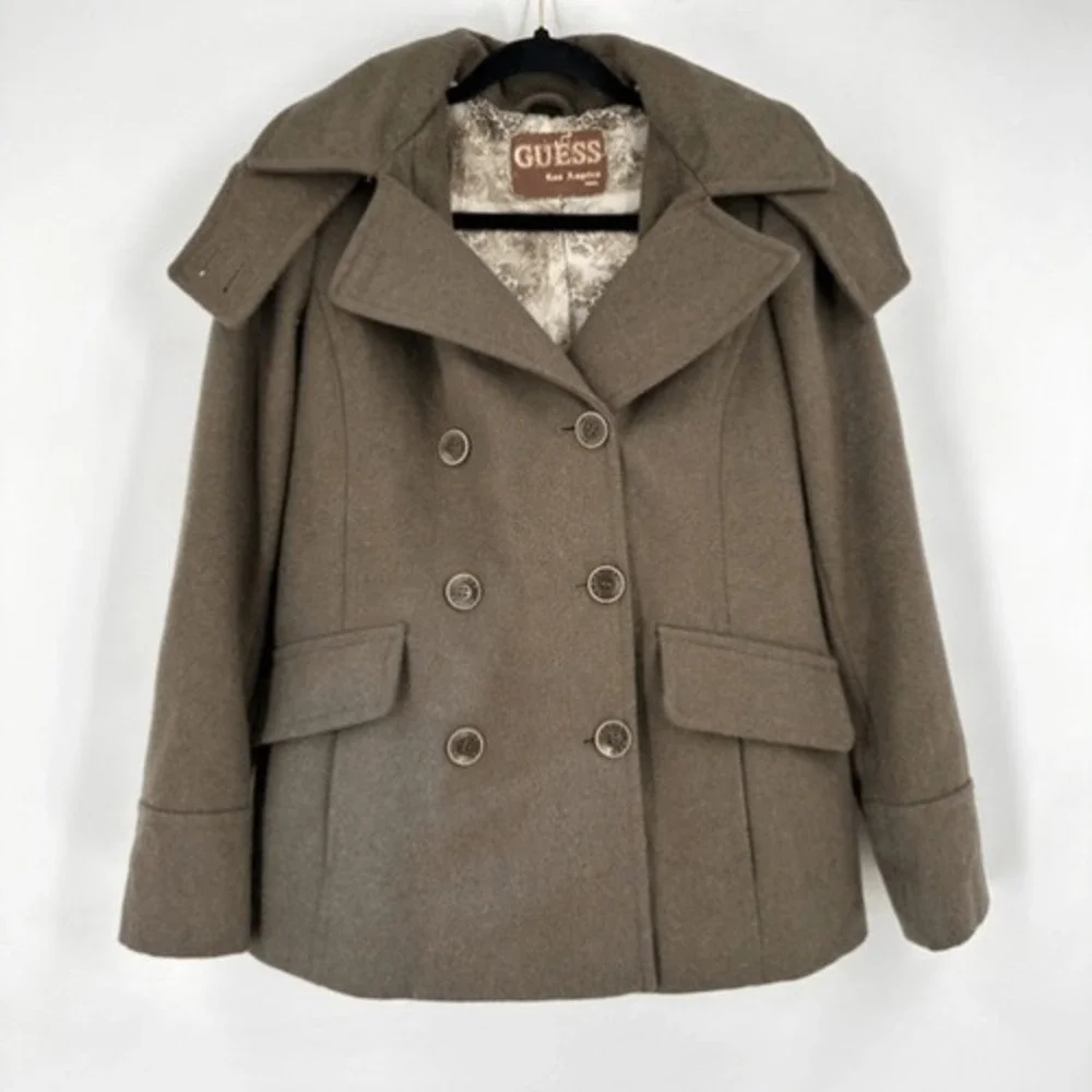 Guess Wool‎ Blend Coat Women M Brown Double Breasted Hooded Vintage Academia